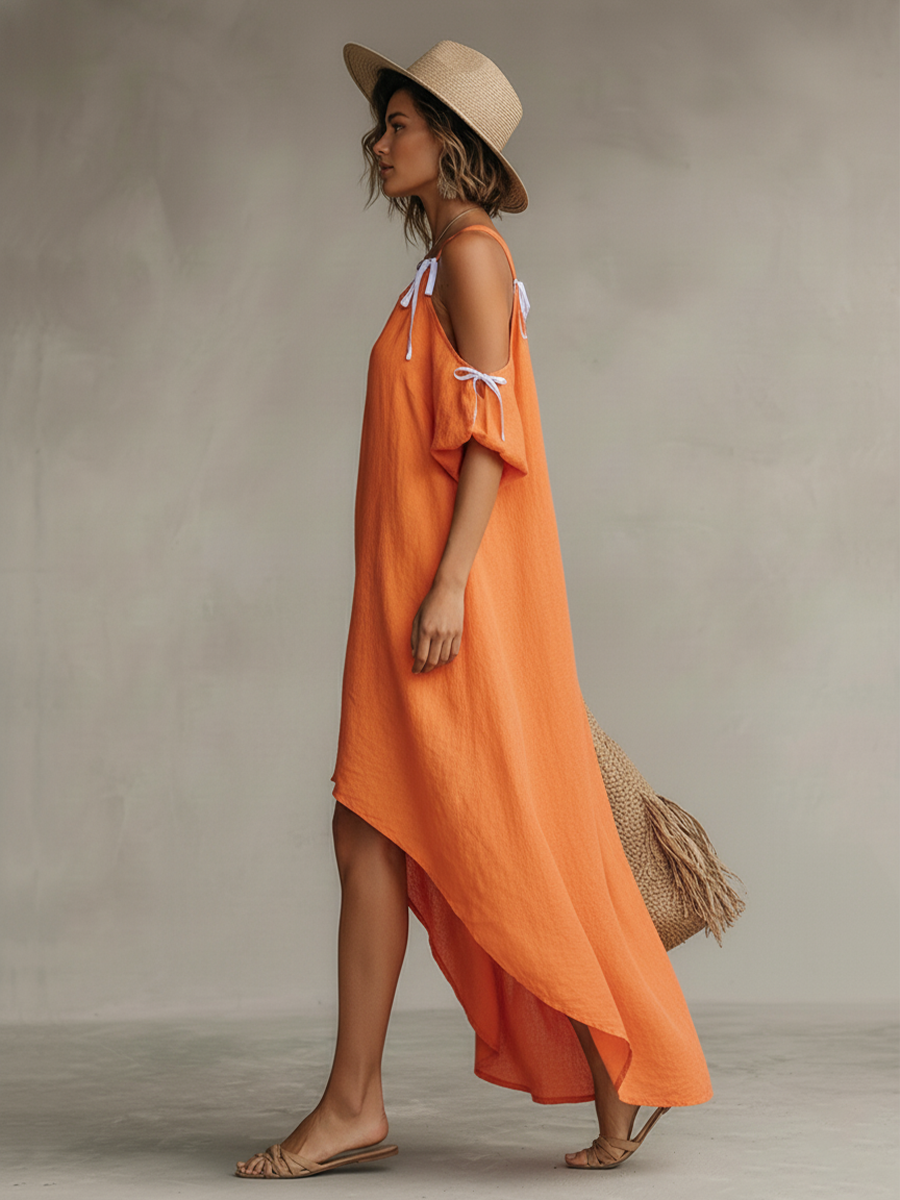 Linen Cold Shoulder Maxi Dress – Oversized Tie-Strap Summer Dress