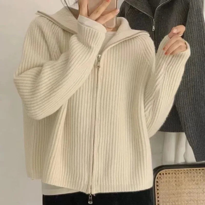 Ribbed Knit Zip-Up Cardigan – Women's High Collar Long Sleeve Sweater