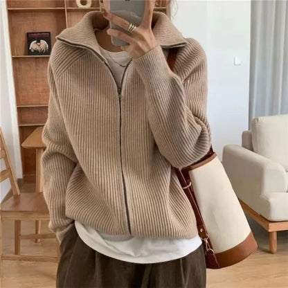 Ribbed Knit Zip-Up Cardigan – Women's High Collar Long Sleeve Sweater