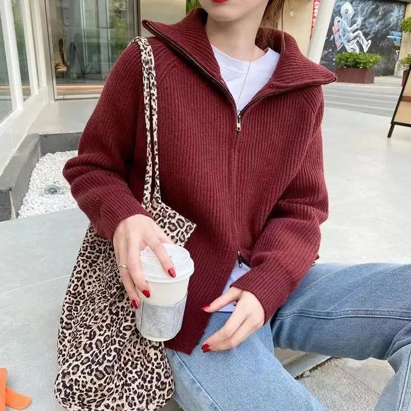 Ribbed Knit Zip-Up Cardigan – Women's High Collar Long Sleeve Sweater