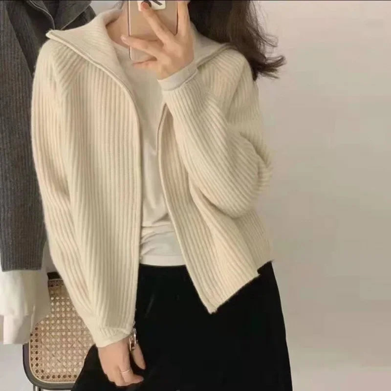 Ribbed Knit Zip-Up Cardigan – Women's High Collar Long Sleeve Sweater