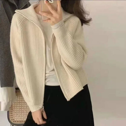 Ribbed Knit Zip-Up Cardigan – Women's High Collar Long Sleeve Sweater