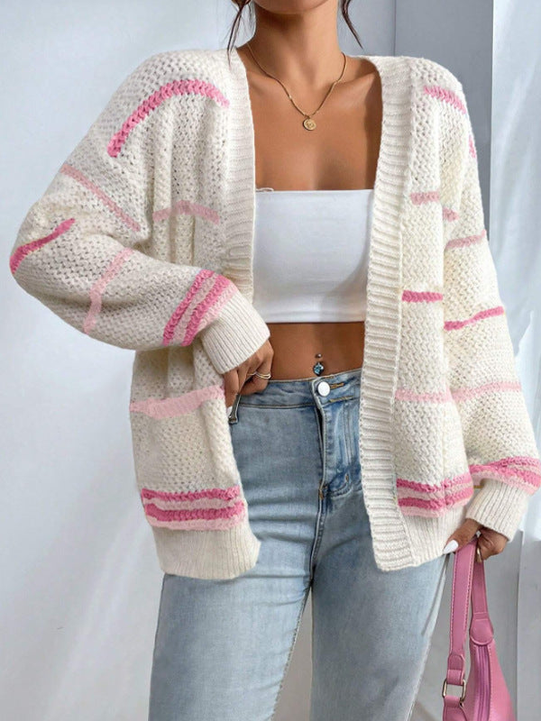 Oversized Striped Knit Cardigan – Open Front Long Sleeve with Pockets