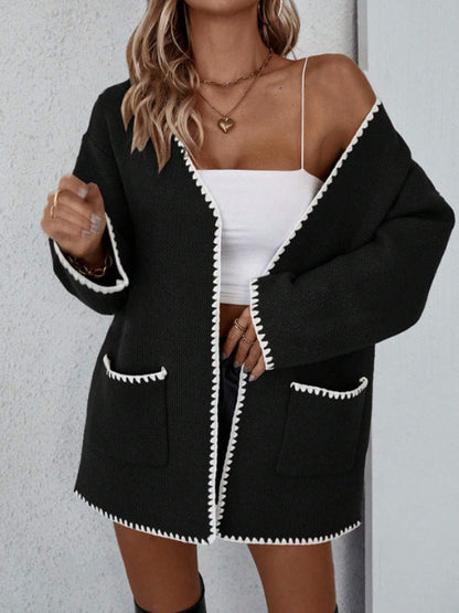 Open Front Knit Cardigan – Contrast Trim Long Sleeve with Pockets