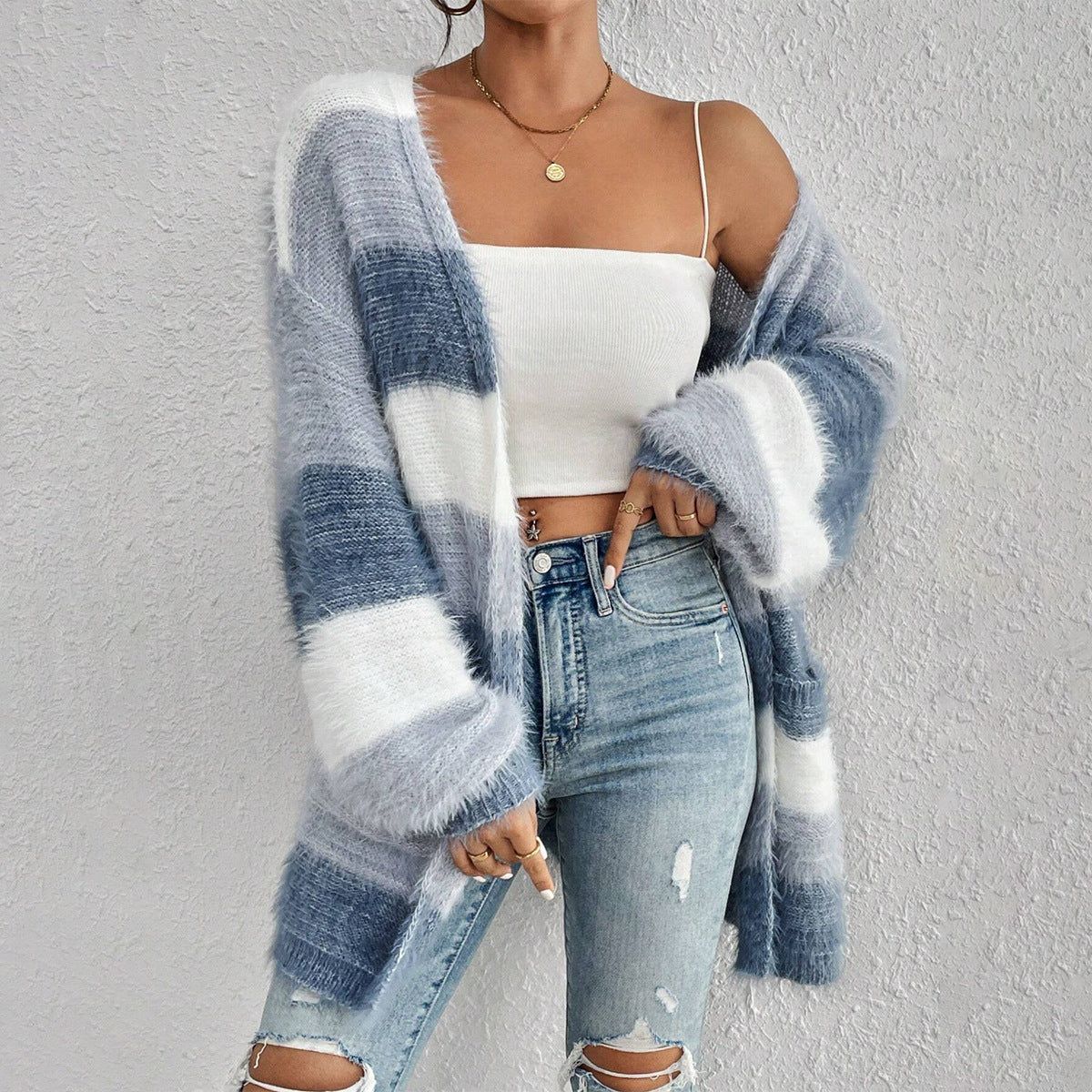 Fuzzy Striped Oversized Cardigan – Open Front Long Sleeve Knit