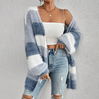 Fuzzy Striped Oversized Cardigan – Open Front Long Sleeve Knit