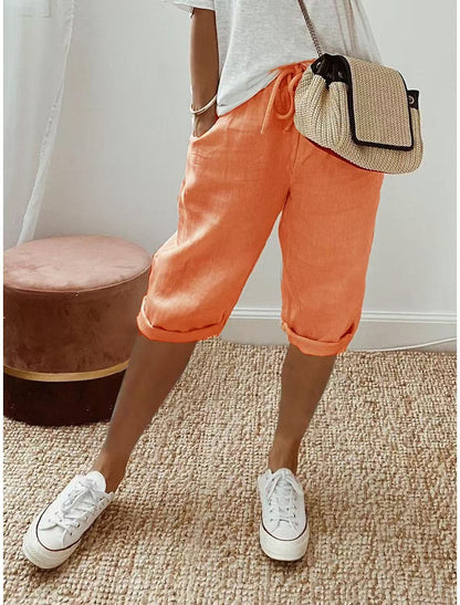 Cotton Linen Capri Pants – Wide Leg Drawstring Cuffed Summer