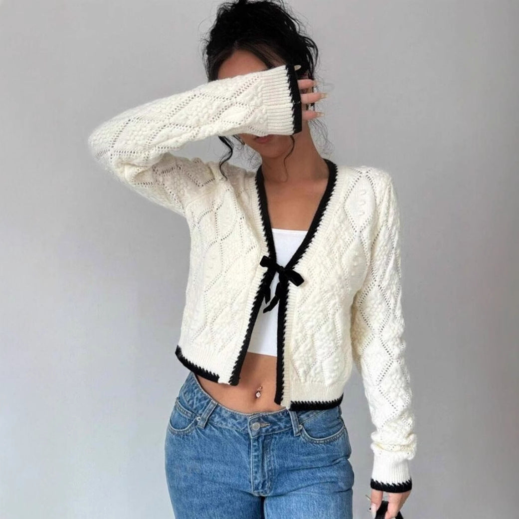 Cropped Knit Cardigan – V-Neck Bow Front Contrast Trim