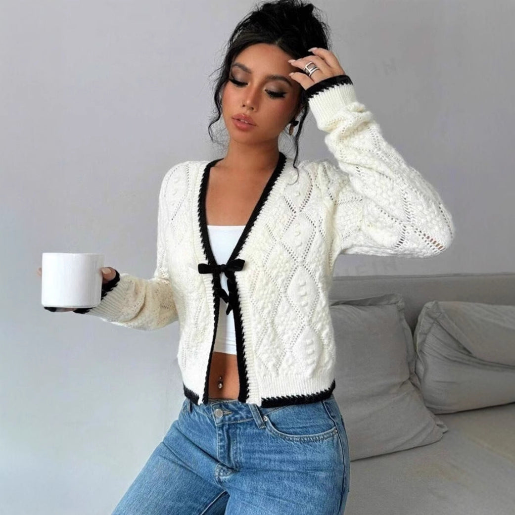 Cropped Knit Cardigan – V-Neck Bow Front Contrast Trim