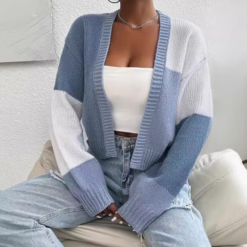 Color Block Cropped Cardigan – Open Front Balloon Sleeve Knit