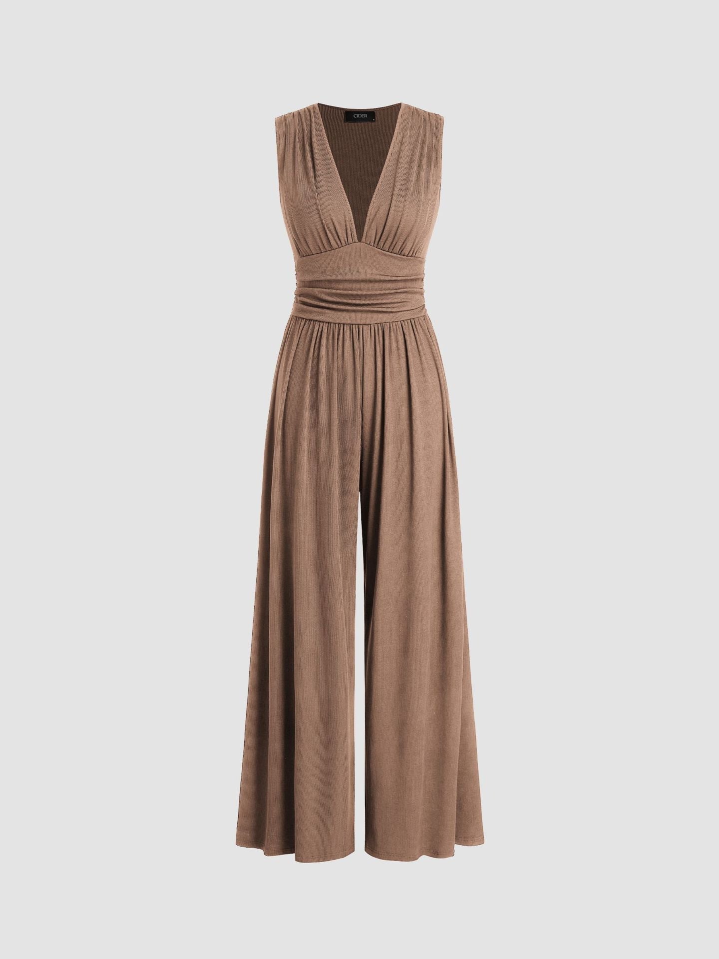Wide-Leg V-Neck Jumpsuit – Sleeveless Ruched Waist Full Length