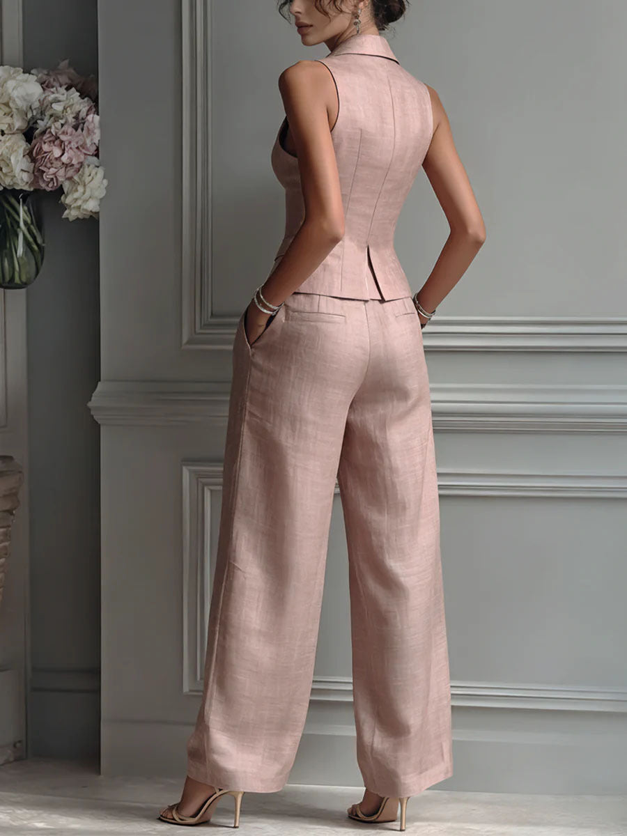 Sleeveless Blazer Vest Wide Leg Pants Set – Women's 2 Piece Business Casual Suit