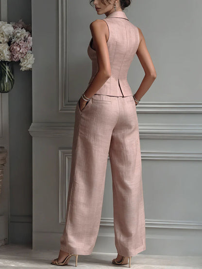 Sleeveless Blazer Vest Wide Leg Pants Set – Women's 2 Piece Business Casual Suit