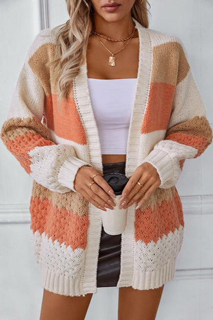 Oversized Color Block Knit Cardigan – Open Front Striped Long Sleeve
