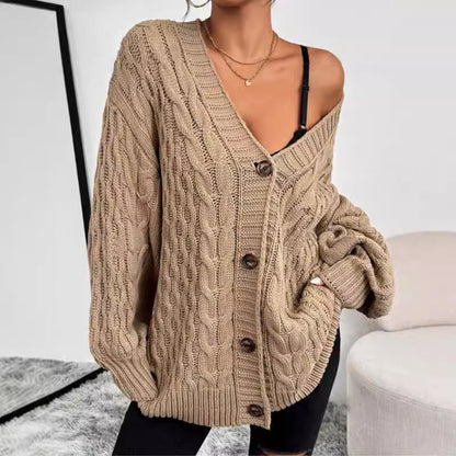 Oversized Cable Knit Cardigan – Button-Front V-Neck Long Sleeve