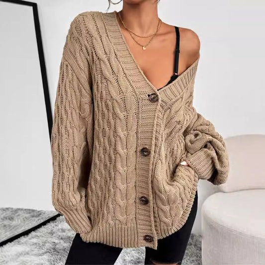 Oversized Cable Knit Cardigan – Button-Front V-Neck Long Sleeve