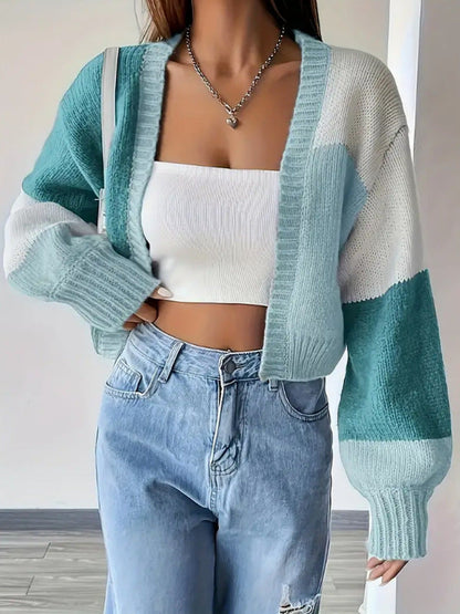 Color Block Cropped Cardigan – Open Front Balloon Sleeve Knit
