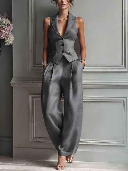 Sleeveless Blazer Vest Wide Leg Pants Set – Women's 2 Piece Business Casual Suit