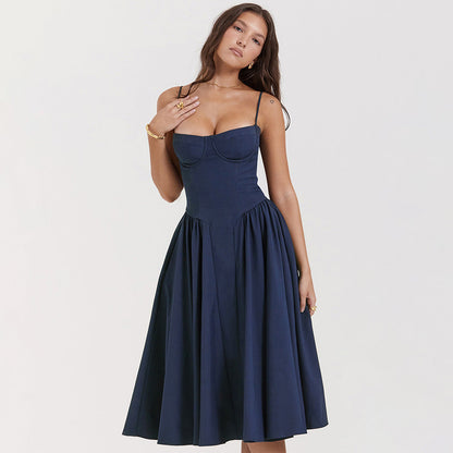 Corset Midi Dress – Fit and Flare Spaghetti Strap A-Line
