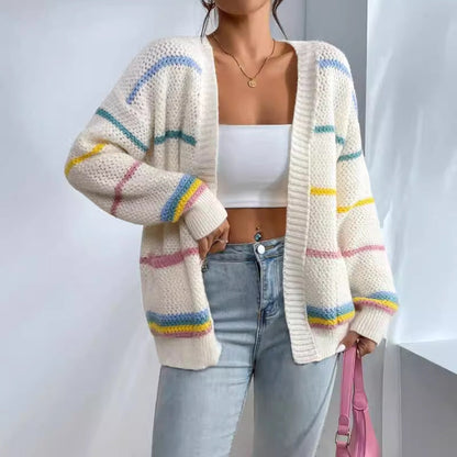 Oversized Striped Knit Cardigan – Open Front Long Sleeve with Pockets