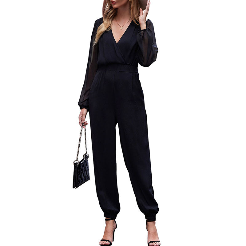 Black Wrap Jumpsuit – V-Neck Long Sleeve Chiffon Sleeve Jogger