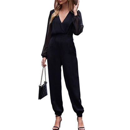 Black Wrap Jumpsuit – V-Neck Long Sleeve Chiffon Sleeve Jogger