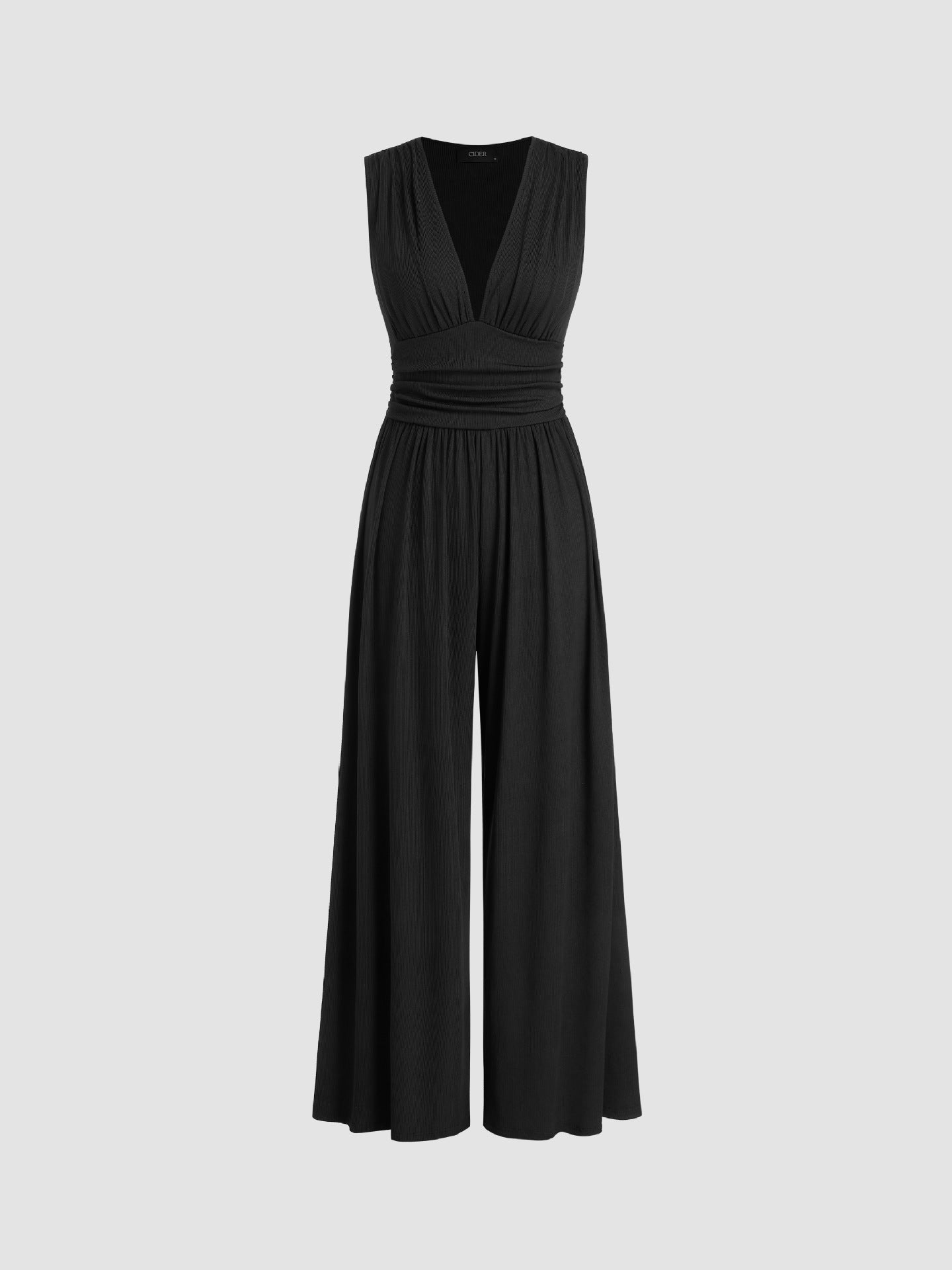 Wide-Leg V-Neck Jumpsuit – Sleeveless Ruched Waist Full Length
