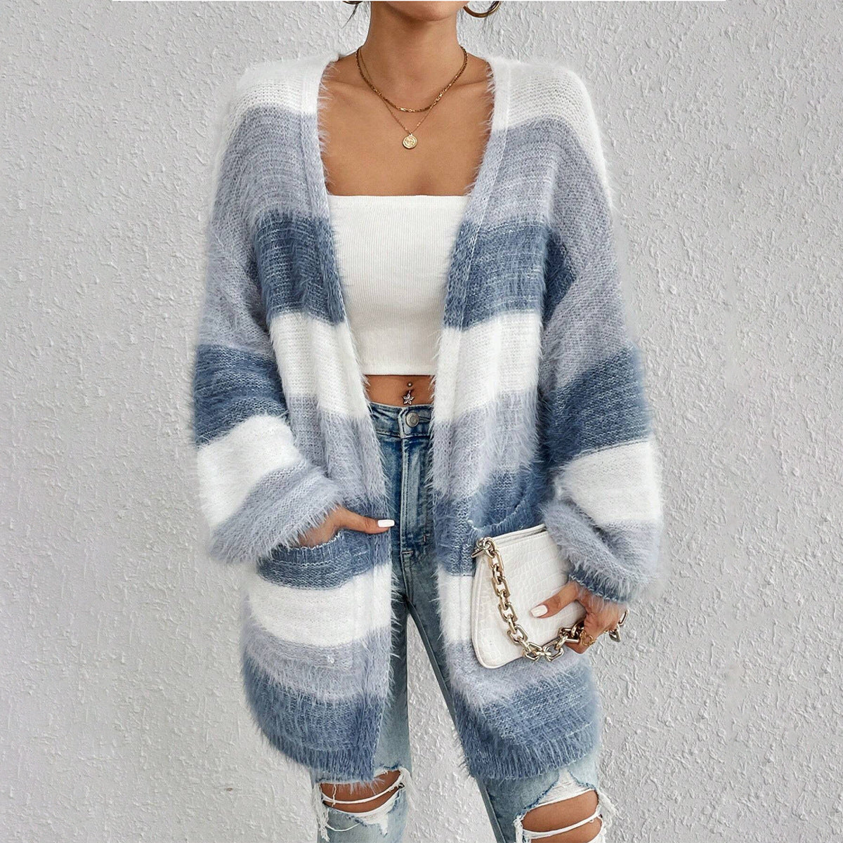 Fuzzy Striped Oversized Cardigan – Open Front Long Sleeve Knit