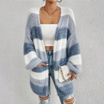 Fuzzy Striped Oversized Cardigan – Open Front Long Sleeve Knit