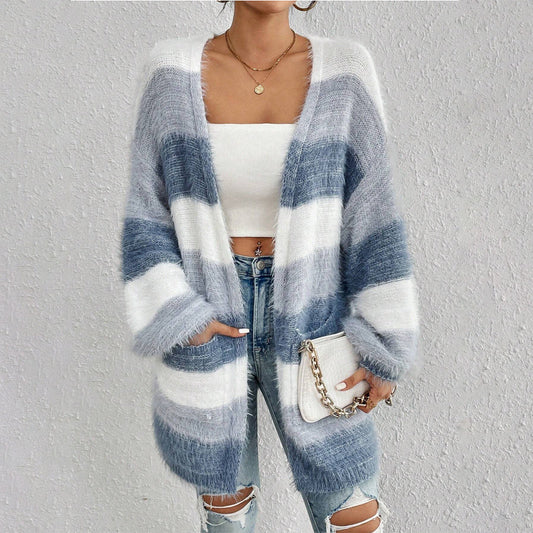 Fuzzy Striped Oversized Cardigan – Open Front Long Sleeve Knit