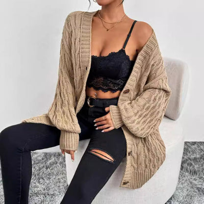 Oversized Cable Knit Cardigan – Button-Front V-Neck Long Sleeve