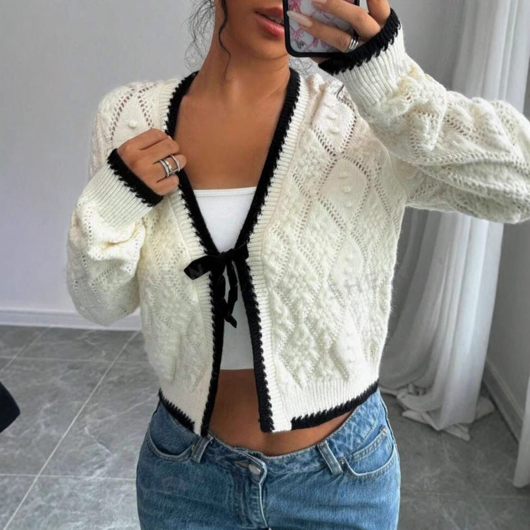 Cropped Knit Cardigan – V-Neck Bow Front Contrast Trim