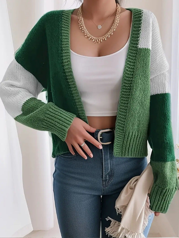 Color Block Cropped Cardigan – Open Front Balloon Sleeve Knit