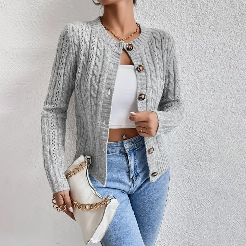 Cable Knit Cropped Cardigan – Button-Front Round Neck Long Sleeve
