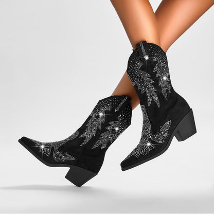 Rhinestone Cowboy Boots Women – Black Faux Suede Mid Calf Block Heel