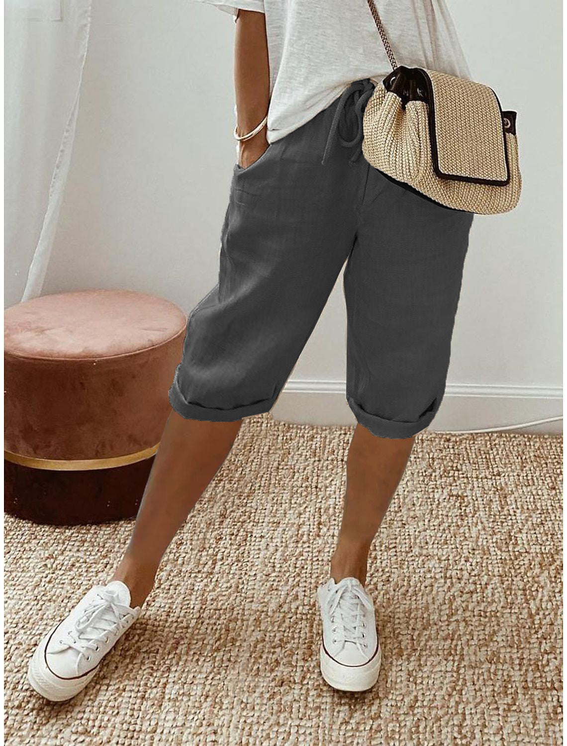 Cotton Linen Capri Pants – Wide Leg Drawstring Cuffed Summer