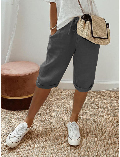 Cotton Linen Capri Pants – Wide Leg Drawstring Cuffed Summer