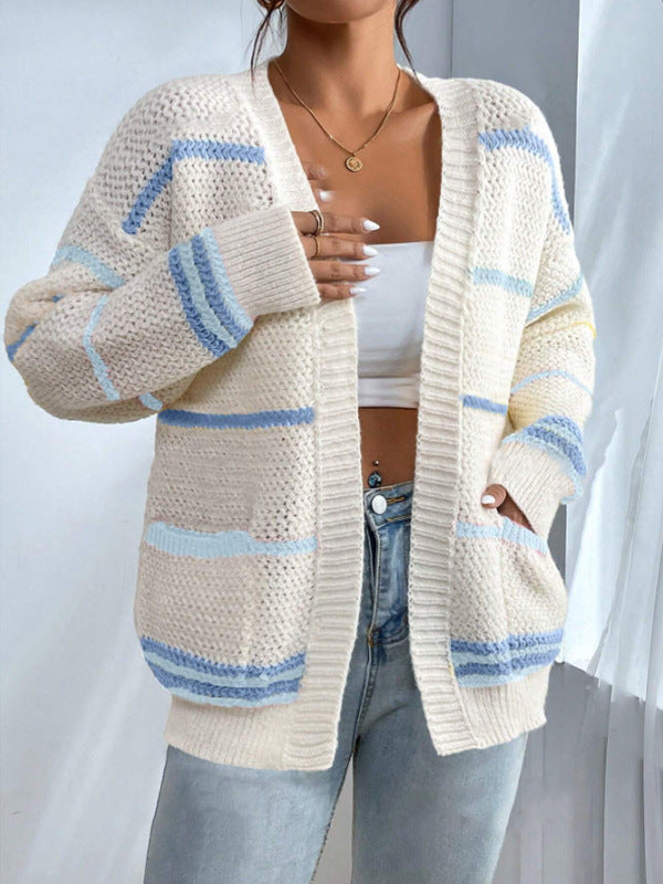 Oversized Striped Knit Cardigan – Open Front Long Sleeve with Pockets