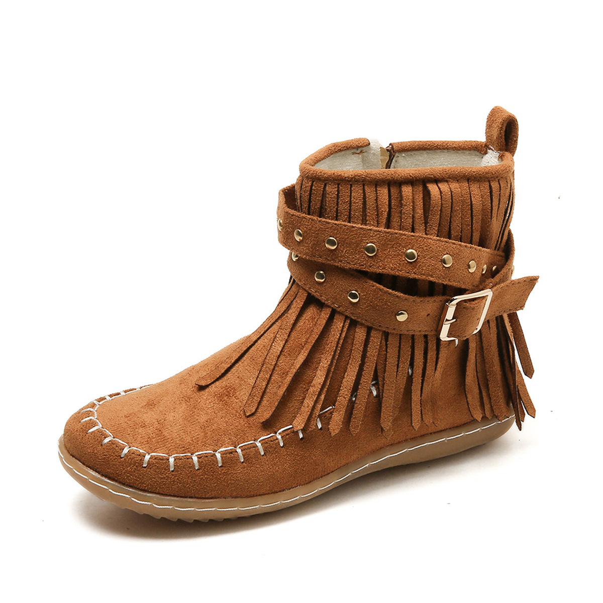 Suede Fringe Ankle Boots – Boho Moccasin Style Buckle Booties