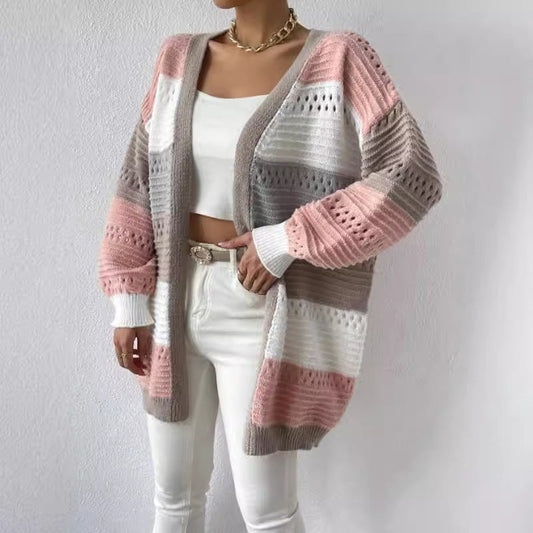 Color Block Knit Cardigan – Oversized Open Front Balloon Sleeve