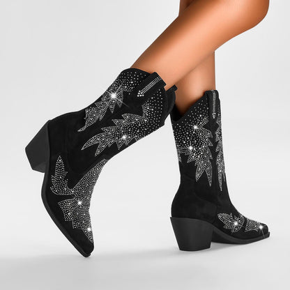 Rhinestone Cowboy Boots Women – Black Faux Suede Mid Calf Block Heel