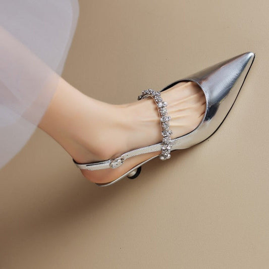 Rhinestone Slingback Heels – Pointed Toe Crystal Strap Pumps