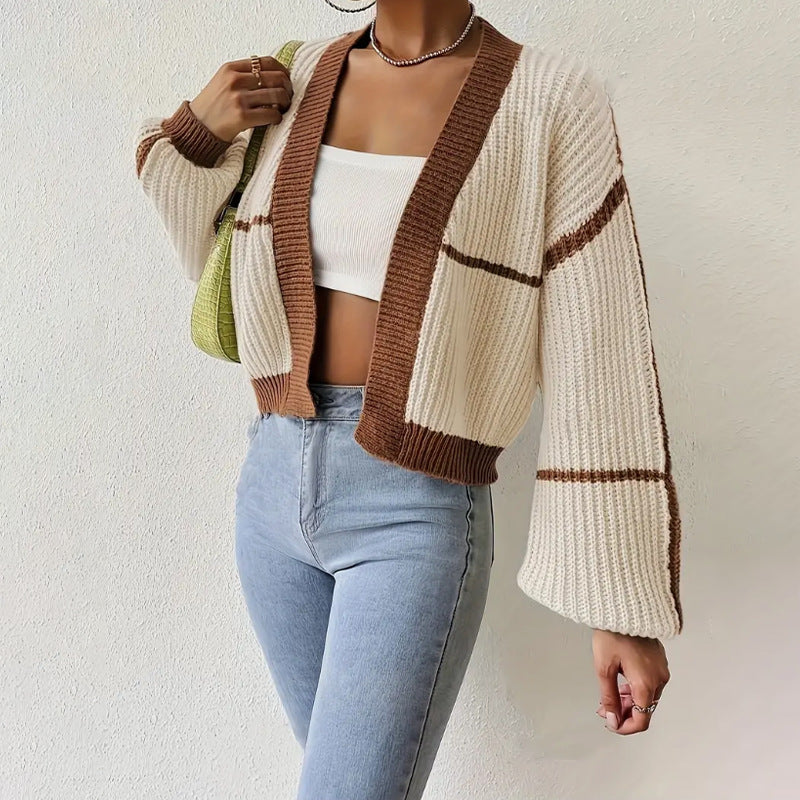 Cropped Knit Cardigan – Color Block Balloon Sleeve Open Front