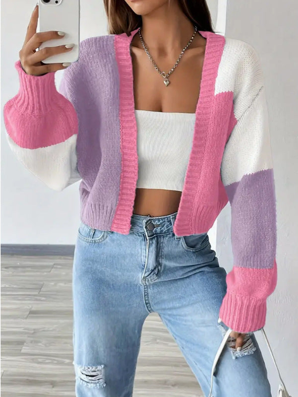 Color Block Cropped Cardigan – Open Front Balloon Sleeve Knit