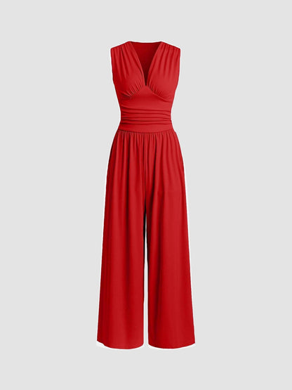 Wide-Leg V-Neck Jumpsuit – Sleeveless Ruched Waist Full Length