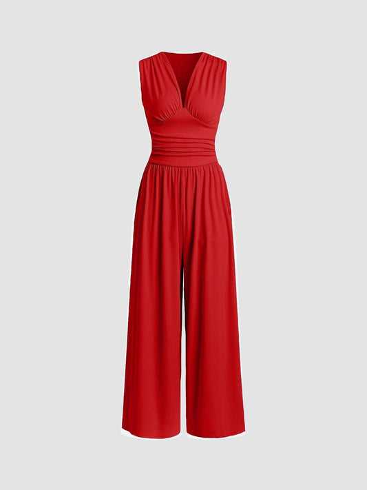 Wide-Leg V-Neck Jumpsuit – Sleeveless Ruched Waist Full Length