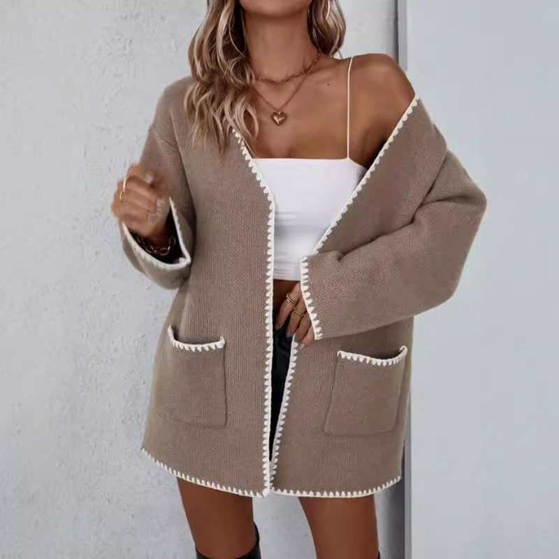 Open Front Knit Cardigan – Contrast Trim Long Sleeve with Pockets