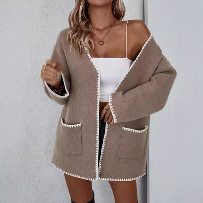 Open Front Knit Cardigan – Contrast Trim Long Sleeve with Pockets