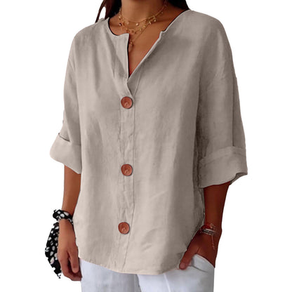 Linen Cotton Button-Front Blouse – V-Neck Relaxed Fit