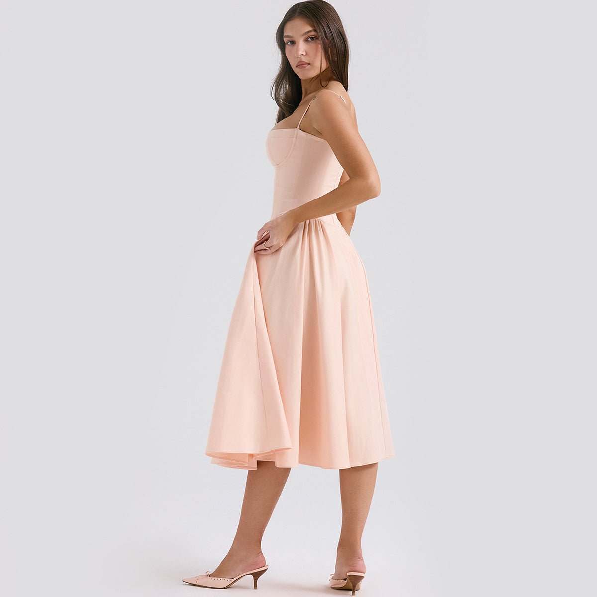 Corset Midi Dress – Fit and Flare Spaghetti Strap A-Line